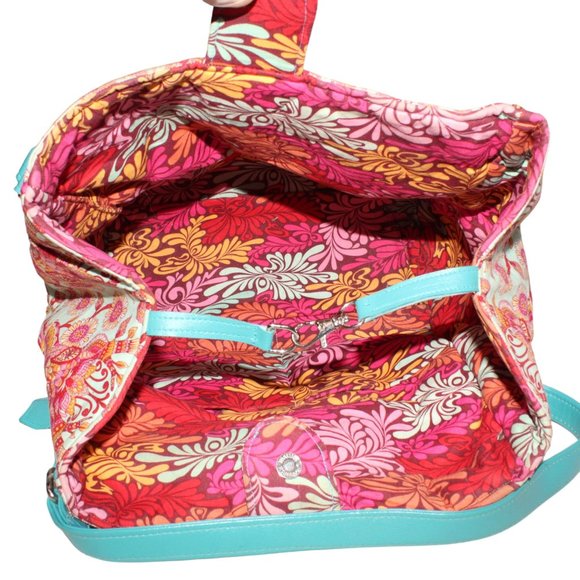 Karried Astray Teal Green Faux Leather Floral Fabric Satchel Shoulder Purse - Picture 8 of 14